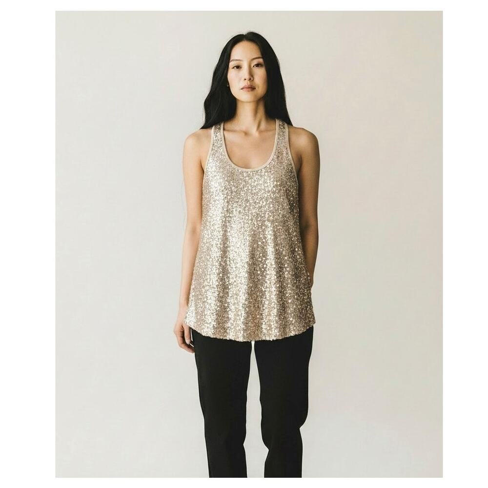 H.I.P. Nude Mesh Sequin Tank Top Size M Tunic Length Sheer Blouse Lightweight
